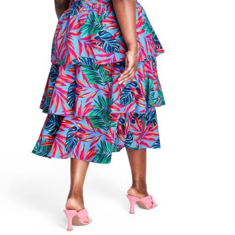 Tropical Leaf Print Midi Skirt